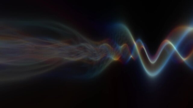 Abstract light wave with colorful prismatic diffraction and soft motion blur against a dark background representing frequency and digital transmission