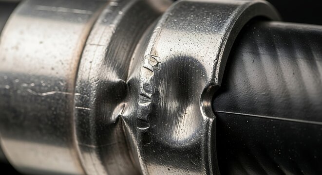 Close-up of a dented metal hose clamp on a black hose with industrial, hardware