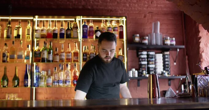 Flair bartending. Alcohol pub. Experienced bearded male barman juggling using shaker making cocktail at bar counter workspace.