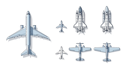 Collection of aircraft and spacecraft from above, flat design © Deb
