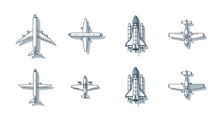 Collection of Aircraft and Spacecraft Icons: Top View, Vector Art © Deb