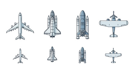 Collection of aircraft and spacecraft vector illustrations on white background © Deb