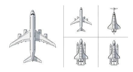 Collection of Airplanes and Space Shuttles, Top View, Hand-Drawn Style © Depadepo