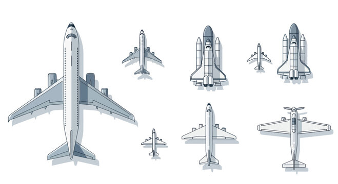 Collection of Airplanes and Space Shuttles from Top View - Vector Art