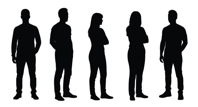 Five figures standing in a row depicted as black silhouettes against a white background