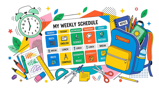 Vibrant illustration showcasing a comprehensive weekly schedule surrounded by essential school supplies, ideal for student organization, back to school preparation, and effective academic planning