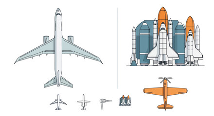 Comparison of aircraft sizes: commercial jet, space shuttle, propeller plane, and small aircraft © Fa