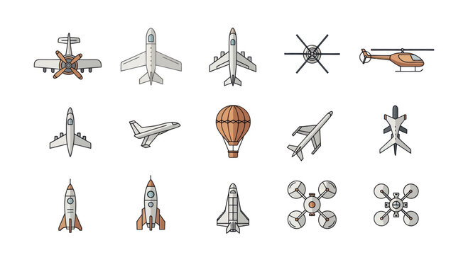 Collection of Vintage and Modern Aircraft, Drones, and Hot Air Balloon Icons