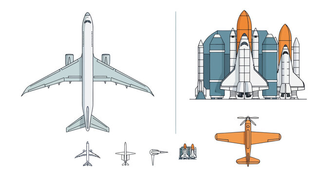 Comparison of aircraft sizes: commercial jet, space shuttle, propeller plane, and small aircraft