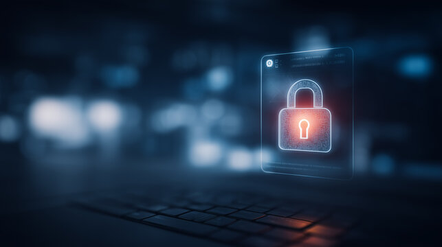 A digital padlock interface above a laptop keyboard, representing cybersecurity access control and encrypted data protection.
