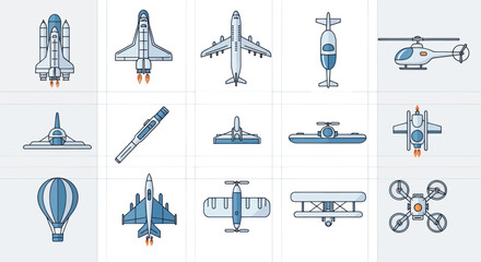Diverse Aircraft Collection: Space Shuttle, Jet, Helicopter, Drone, Hot Air Balloon © Farukrekruk