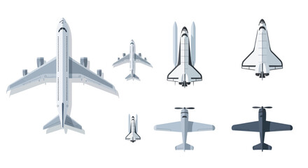 Diverse Aircraft Collection Top View: Commercial Jets, Space Shuttles, Turboprops © Farukrekruk