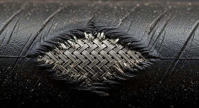Close-up of damage on a thick black cable with material close-up industrial