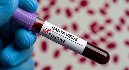 Obraz premium Hand in blue glove holding test tube with hanta virus positive label, sample