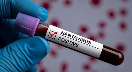 Obraz premium Hand in blue glove holding test tube with hantavirus positive label, sample, red virus particles in background
