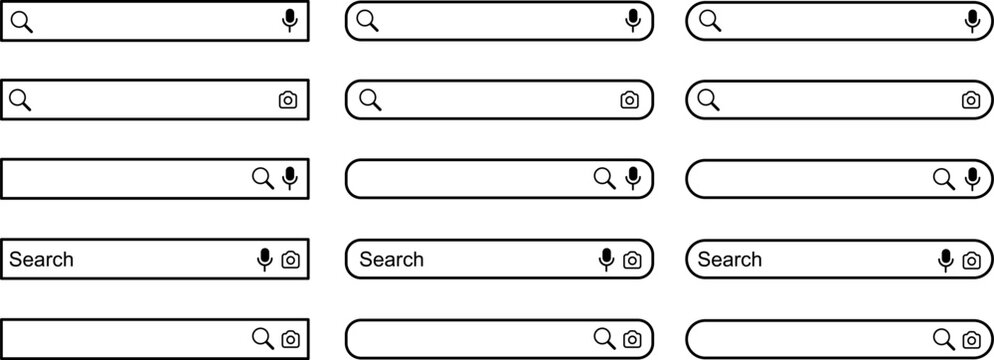 Modern search bar elements, various web browser input fields with search and voice icons, minimalist navigation bars for mobile and desktop website design