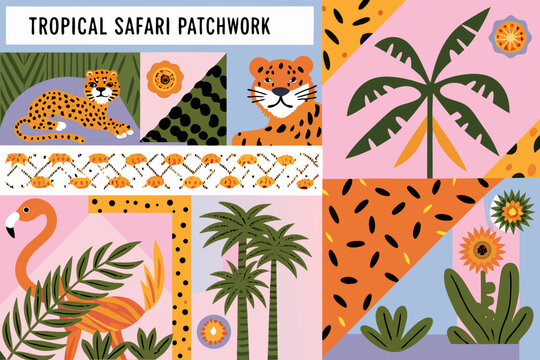 Tropical safari patchwork illustration with leopards flamingos and palm trees
