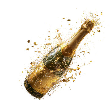 Champagne bottle exploding with golden liquid and bubbles isolated on transparent background