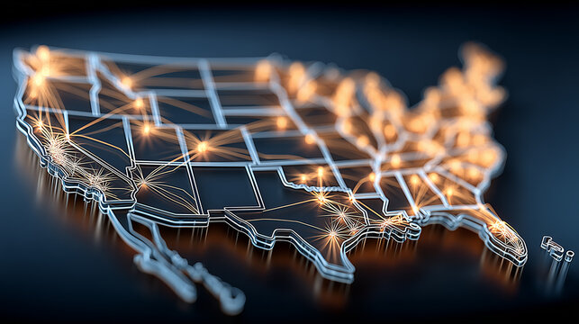 Digital map of the United States with connected nodes representing national logistics, data networks and infrastructure.
