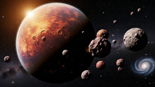 Distant planet with craters and surrounding asteroids in space