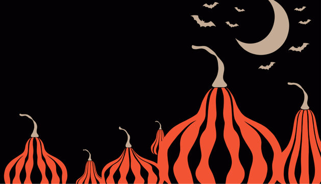 Minimal Halloween Night Background With Abstract Unusual Pumpkins, Bats and Crescent Moon