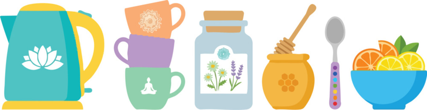 Flat design colorful kettle stack of cups jar of herbs honey jar spoon bowl of citrus fruit