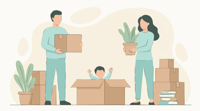 Family moving day illustration: parents with boxes, child playing in carton