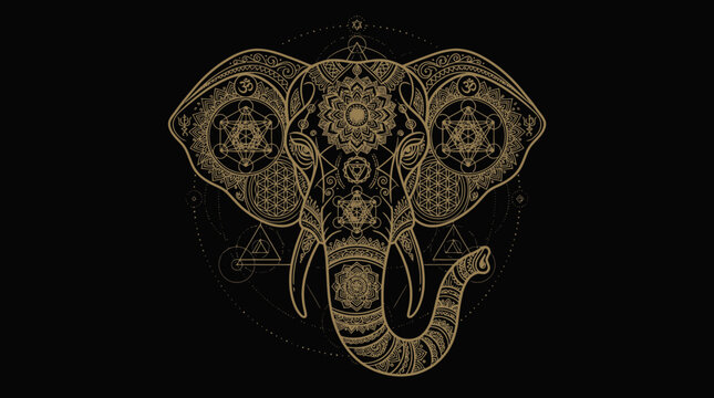 Golden Elephant Head Mandala with Sacred Geometry Symbols Vector