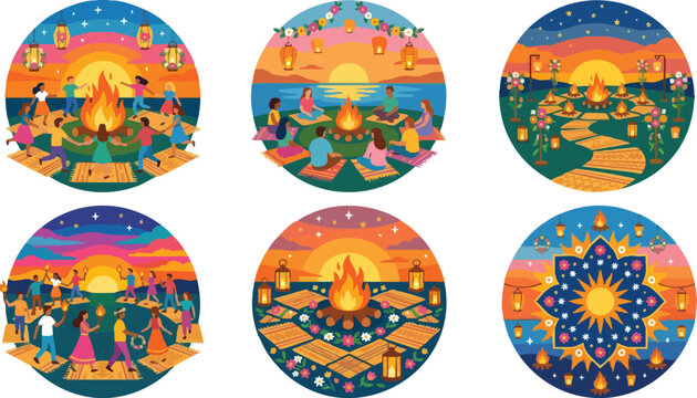 Colorful vector art of people gathering around bonfires at sunset and night