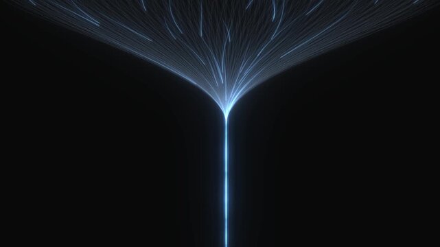 Luminous blue fibers gathering into a centralized power beam on a black surface illustrating core connectivity and central processing for cloud computing industries