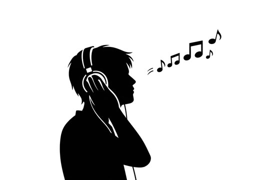 Black and white illustration of a music listener with headphones on.