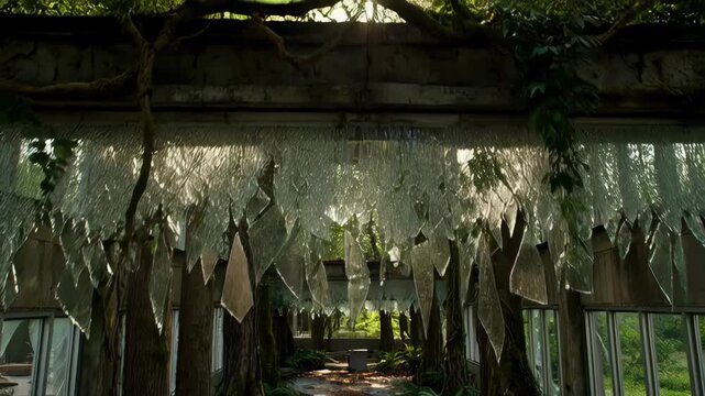 Abandoned corridor filled with sunlight, broken glass, and trees reclaiming interior space, cinematic post-apocalyptic nature scene.