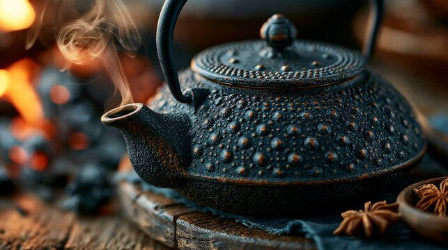Close-up of a traditional Japanese Tetsubin cast iron teapot from Iwate, Nanbu Tekki craft with arare pattern, steaming on a rustic wooden table with warm embers in background