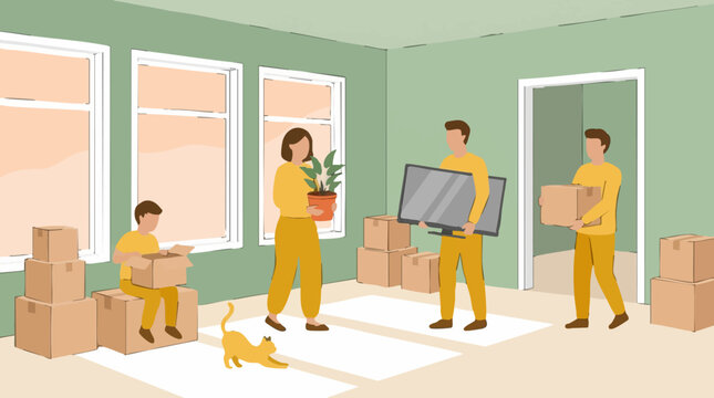 Family Unpacking Belongings After Moving Into New House