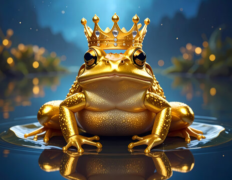 Golden frog prince wearing crown sitting on lily pad