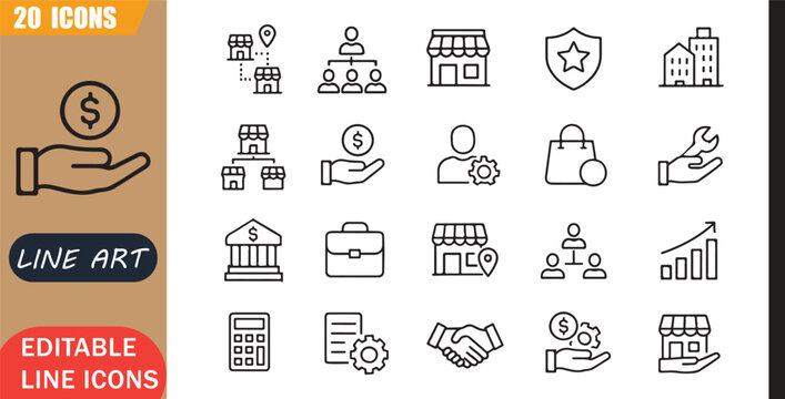 Isolated franchise business icons set, 20 editable line art icons set, store brand company expansion investment management retail service, franchise retail tools, minimal clean outline vector