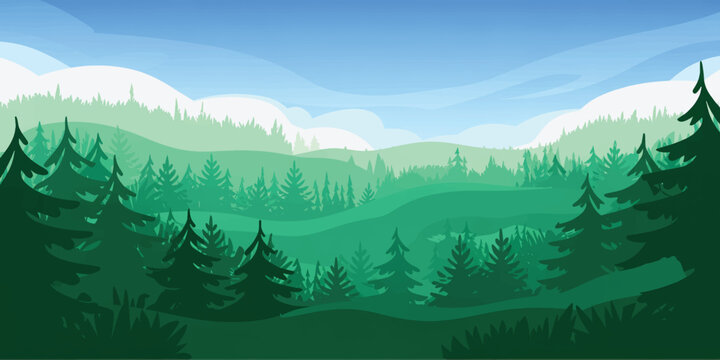 Minimalist Mountain Forest Landscape With Layered Pine Trees, Rolling Green Hills, and Soft Blue Sky Scenery