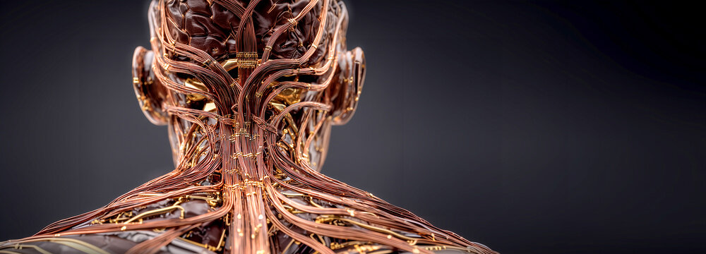 Extreme macro view of a futuristic humanoid back showing complex copper wiring and artificial nervous system, 3D rendering