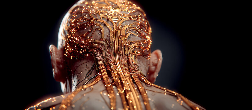 Futuristic Cybernetic Human with Glowing Copper Nerve System and Neural Circuitry on Head and Shoulders