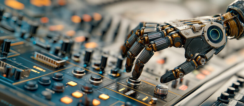 Robotic Cyborg Hand Adjusting Knobs on a Professional Music Synthesizer in a High-Tech Sound Studio