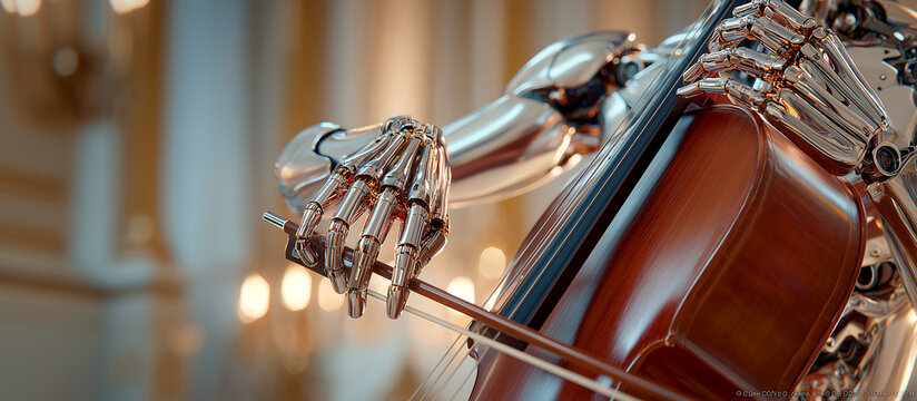 Sleek Robotic Hands Playing a Cello in a Grand Concert Hall Setting, Futuristic Cybernetic Musician Concept