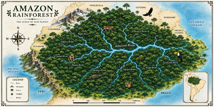 Detailed Illustrated Map of the Amazon Rainforest Featuring River Networks, Dense Jungle Terrain, Wildlife Icons, Compass Rose, and Vintage Cartographic Design