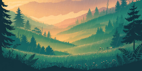 Serene Mountain Valley Landscape With Layered Pine Forests, Morning Mist, and Warm Sunrise Glow © mahabubmorshed