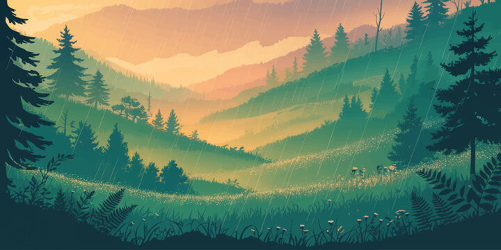 Serene Mountain Valley Landscape With Layered Pine Forests, Morning Mist, and Warm Sunrise Glow