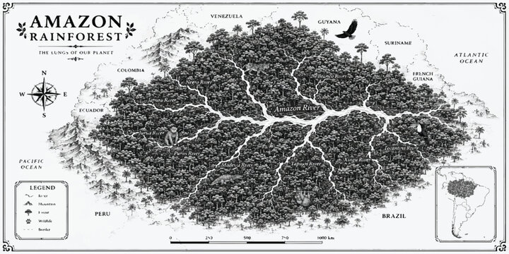 Detailed Vintage Map of the Amazon Rainforest Featuring Rivers, Dense Jungle Terrain, Wildlife Icons, and Explorers Navigation Elements