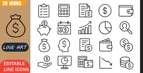 Isolated budget savings icons set, 20 editable line art icons set, finance money expense income accounting planning wallet economy, budget finance tools, minimal clean outline vector © MD.Kawsar Hossan