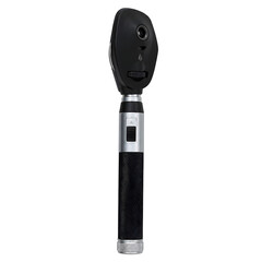 Naklejka premium A modern black and silver medical ophthalmoscope, an essential diagnostic instrument for ophthalmology and eye examinations, presented vertically on a transparent background.