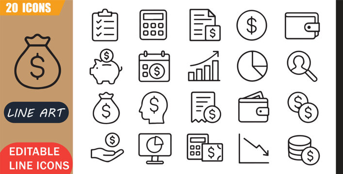 Isolated budget savings icons set, 20 editable line art icons set, finance money expense income accounting planning wallet economy, budget finance tools, minimal clean outline vector