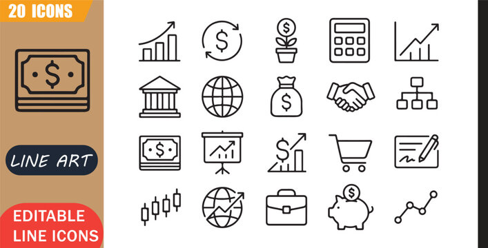 Isolated economy finance icons set, 20 editable line art icons set, inflation growth business market trade investment banking global, economy investment tools, minimal clean outline vector