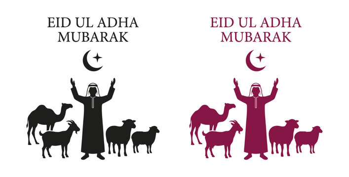 Eid Ul Adha Mubarak greeting with a man praying among sheep, goat, and camel for sacrifice.